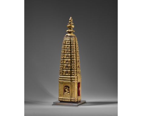 A PALA GILT WOOD MODEL OF THE MAHABODHI SHRINE, BODH GAYA, INDIA, CIRCA 11TH CENTURY  of tall, tapered form, square section, 