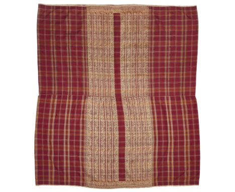 A SILK BROCADE SONGKET SARONG, KALIMANTAN, BORNEO, INDONESIA, CIRCA 1900 sewn into a tube, maroon based polychrome tartan clo
