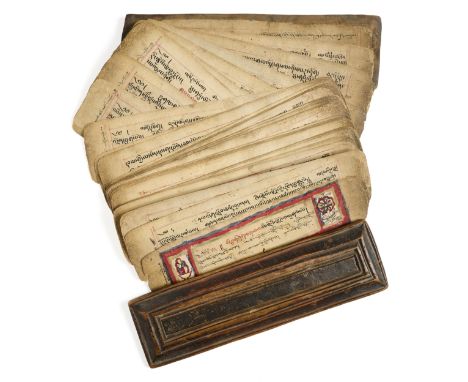 A TANTRIC MANUSCRIPT, TIBET, PROBABLY LATE 19TH CENTURY  black ink on horizontally oriented loose folios, highlights and sign