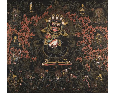A BLACK GROUND THANG-KA DEPICTING MAHAKALA, TIBET, 18TH/19TH CENTURY  pigment with gold on cloth, the dharmapala with fierces