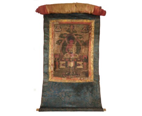 A THANG-KA DEPICTING AMITAYUS, TIBET, 19TH CENTURY pigment with gold on cloth, the red figure of the Buddha seated on a raise