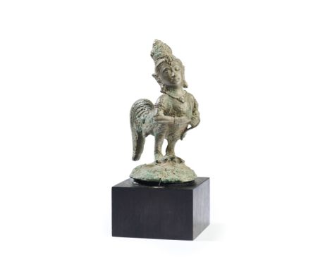 A SMALL BRONZE FIGURE OF A KINNARA, JAVA, INDONESIA, 9TH-10TH CENTURY  probably from a hanging lamp, the half human-half bird