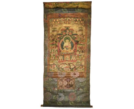 A THANG-KA DEPICTING BUDDHA, TIBET, LATE 18TH CENTURY pigment with gold on on cloth, the central figure of Buddha seated on a