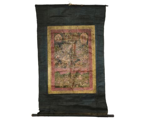 A THANG-KA DEPICTING LHA-MO ON HER MULE, TIBET, 19TH CENTURY pigment with gold on cloth, the fierce goddess brandishing a sta