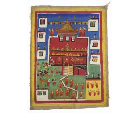 A THANG-KA DEPICTING MONKS IN A MONASTERY, NEPAL OR TIBET, MID-20TH CENTURY pigment on cloth, the scene of stylised form, fra
