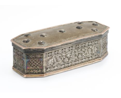A PARCEL GILT SILVER TOBACCO BOX, SUMATRA, INDONESIA, 18TH/19TH CENTURY  of elongated octagonal form, the slightly concave hi
