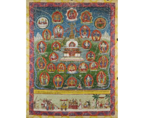 A PAUBHA DEPICTING A STUPA, NEPAL, 19TH CENTURY pigment on cloth, the stupa in a lake with central figure of Manjusri in a la