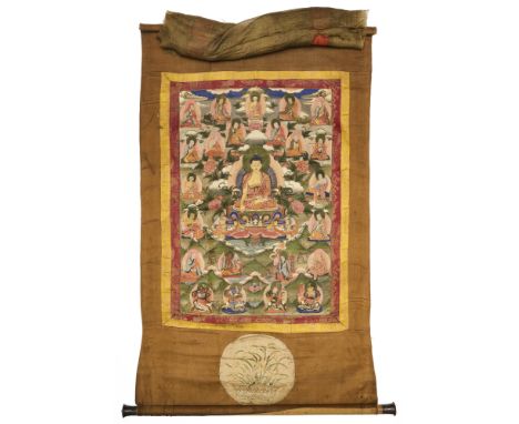 A THANG-KA DEPICTING BUDDHA, TIBET, 19TH CENTURY  pigment with gold on cloth, the central figure seated on a lotus emerging f