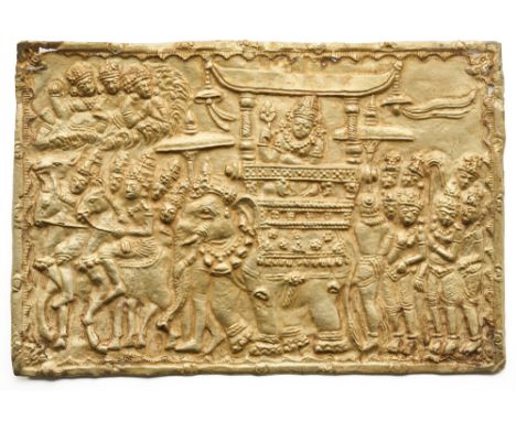 A JAVANESE GOLD REPOUSSE PLAQUE, INDONESIA, CIRCA 12TH CENTURY depicting a procession, with a princely figure riding on an el