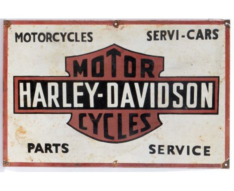 A Harley-Davidson Motor Cycles enamel signadvertising Motorcycles, Servi-Cars, Parts and Service, 58 x 38cms, close inspectio