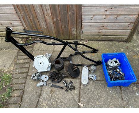 A Velocette projectcomprising of a replica frame (unnumbered), engine (numbered KNSS 3348), gearbox and sundry spares, close 