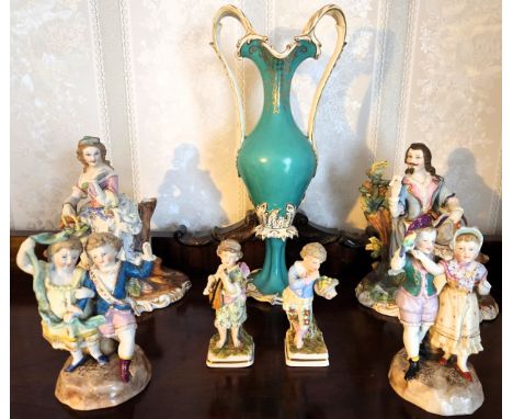 Quantity of various mostly continental porcelain figures, plus two handled gilded ceramic vase Approx. 33cms
used condition u