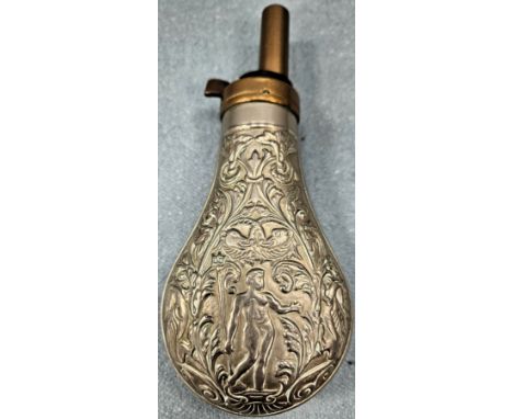 Vintage silver coloured repousse decorated gun powder flask. Approx. 16.5cms
reasonable used condition