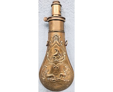 Victorian repoussé decorated brass 4 drams gun powder flask. Approx. 20.5cms
reasonable used condition