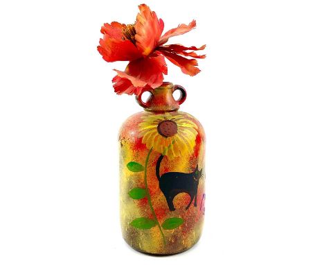PONKLE (1934-2012) Black Cat and Sunflowers Painted bottle with faux flower, signed and dated '96, height of bottle 31cm.