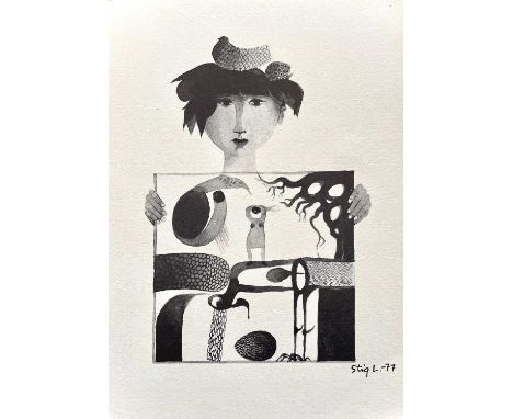 Stig LINDBERG (1916-1982) Girl with Picture (1977) Lithograph, facsimile signature, 29.5 x 20.5cmThere is a light mark presen