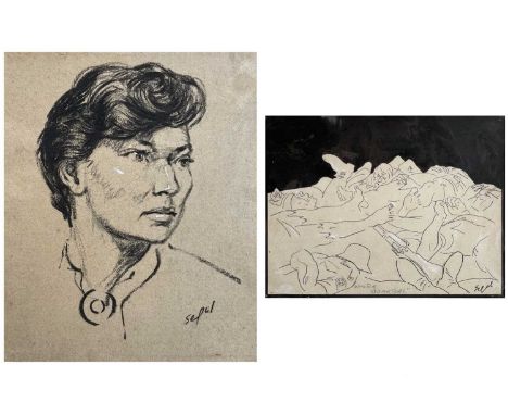 Hyman SEGAL (1914-2004) Two works. Female Portrait, pastel on paper, signed, 30 x 25cm.Winter Quarters, ink on paper, signed 