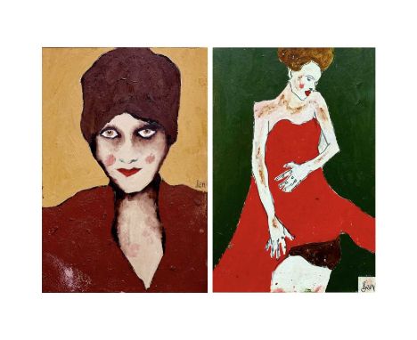 Benjamin CARRIVICK (1980) Untitled (Female figure) Oil on boardSigned29 x 20cmandBenjamin CARRIVICK (1980)Untitled (Female po