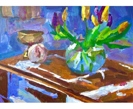 Neill LOWDEN Tulips  Oil on panel, signed, 55x75cm,I was born in Edinburgh and went to Art College in Orléans and Falmouth. O