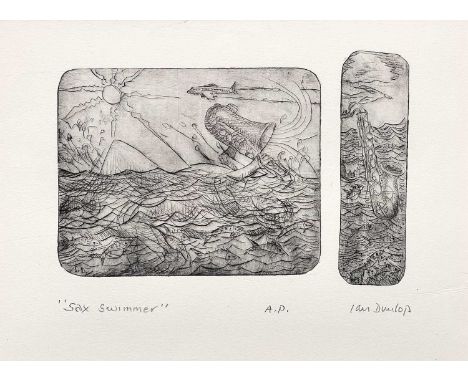 Ian DUNLOP (1945) Sax Swimmer Engraving, signed, artist's proof, further signed and inscribed to verso, image size 15 x 21cm.