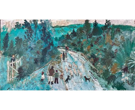 Fred YATES (1922-2008) Country Walk  Oil on boardSigned40 x 74cmThe work would benefit from a light clean, as there is dirt p