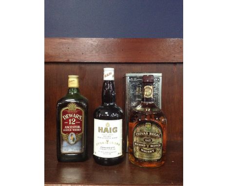 CHIVAS REGAL 12 YEARS OLD - ONE LITRE Blended Scotch Whisky One litre, 43% volume, in metal tin. DEWAR'S ANCESTOR AGED 12 YEA