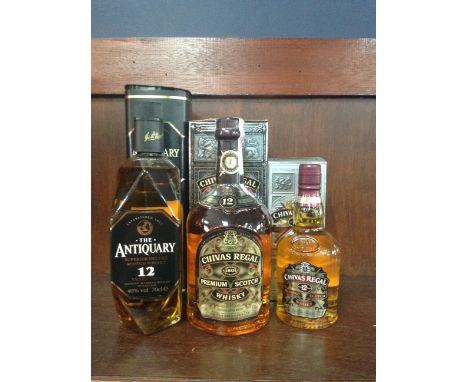 CHIVAS REGAL AGED 12 YEARS - ONE LITRE Blended Scotch Whisky One litre, 43% volume, in carton. ANTIQUARY 12 YEARS OLD Blended