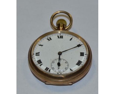 A George V J W Benson 9ct gold open face pocket watch, white enamel dial, bold Roman numerals, minute track, subsidiary secon