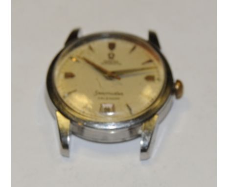 Omega - a vintage 1950s Seamaster calendar automatic wristwatch head, silvered dial, raised arrow and block baton markers, mi