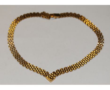 A retro cubist style five row gate link necklace, compression clasp, stamped 375, import marks, London 1988, 39cm long, 23g g