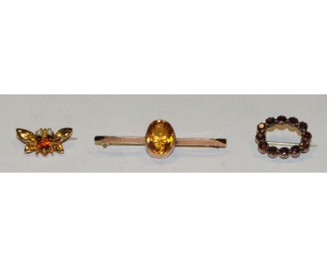 Brooches - a 9ct gold seed pearl and orange stone insect brooch, stamped 9ct, other instinct marks;  a citrine razor bar broo