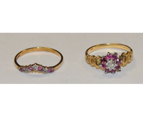 A ruby and diamond eternity ring;  a ruby and diamond cluster ring, 9ct gold shank