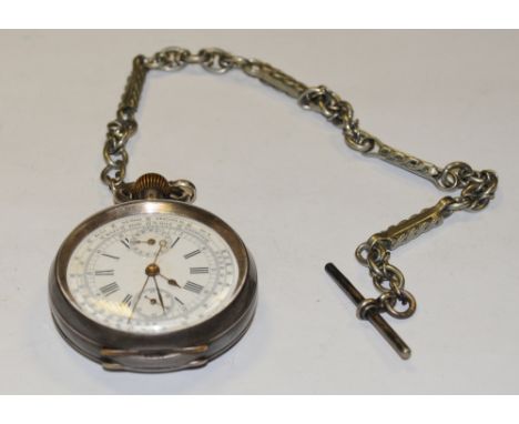 A 19th century continental silver open face pocket watch, white enamel dial,  twin inner sub dials. Roman numerals, seconds a