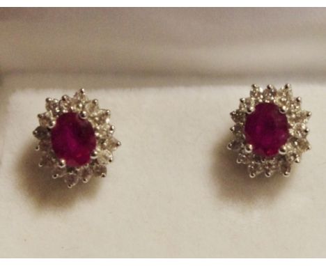 A pair of ruby and diamond cluster ear studs, each oval ruby surrounded by sixteen brilliant cut diamonds 
