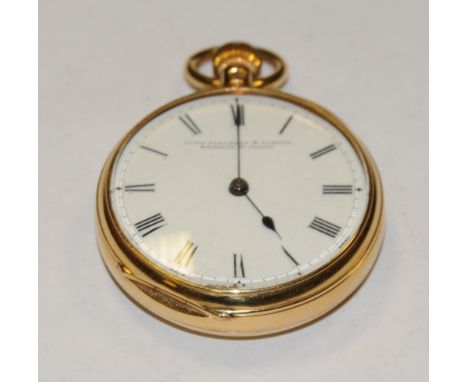 A Victorian 18ct gold open face pocket watch, Lund Blockley &amp; Carter, Bombay and Poona, white enamel dial, Roman numerals