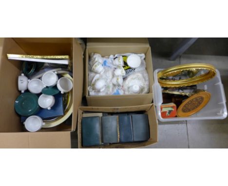 Four boxes of assorted items, Royal Worcester cake plate, boxed, rug, large wash bowl, gold framed mirror, books, Denby Green