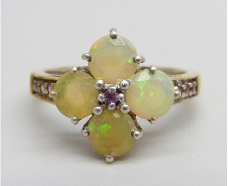 A silver gilt, Egyptian opal and garnet cluster ring, L 