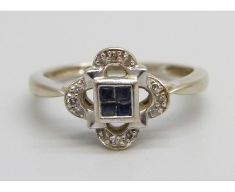 A 14ct white gold, sapphire and diamond Art Deco style ring, 2.9g, N 