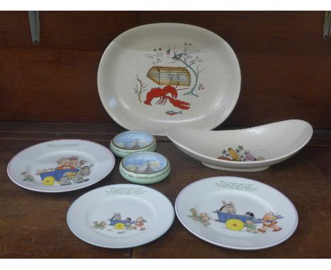 Two Paragon Patriotic Series trinket dishes, three Mabel Lucy Atwell plates and a Crown Devon dish and plate, Gaiety Grill 