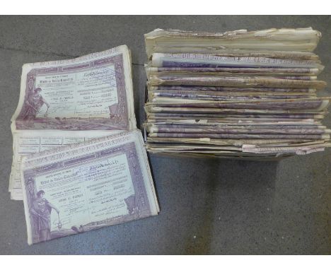 A collection of early 20th Century Ottoman Turkish mining share certificates with coupons 