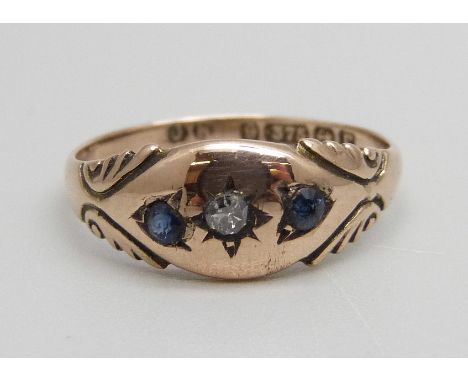 A vintage 9ct gold, sapphire and diamond ring, Birmingham 1916, 1.5g, O, one stone possibly replaced 