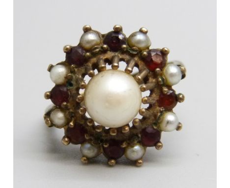 A 9ct gold, pearl and garnet cluster ring, 4.9g, M 