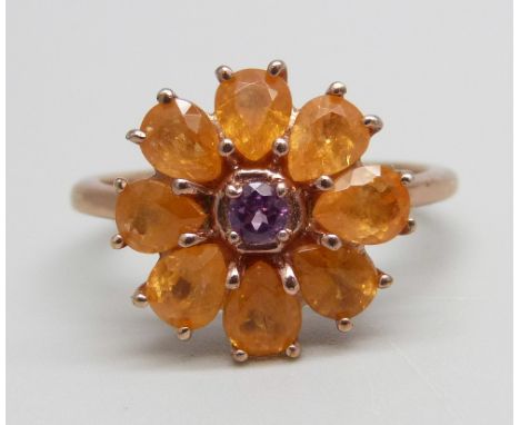 A silver gilt, fire opal and pink topaz cluster ring, S 