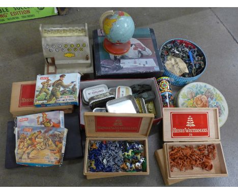 A box of toys, microscope, kaldeidoscope, globe and a large quantity of plastic soldiers **PLEASE NOTE THIS LOT IS NOT ELIGIB