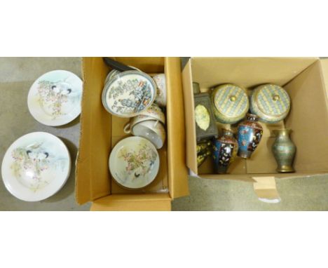 A pair of cloisonne vases, a/f, a Chinese tea caddy, a pair of small Egyptian brass urns, a part oriental tea set, etc. **PLE