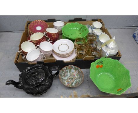 A box of mixed teawares, Colclough, Gladstone china, etc., a Victorian black teapot, knop a/f, five glasses and three cabbage