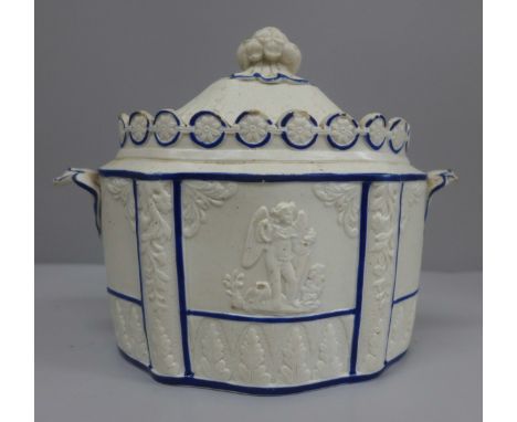A Castleford stoneware covered sugar basin decorated in relief of neo-classical figures, leaf moulded shaped handles with cas