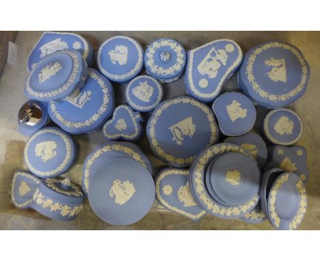 A collection of Wedgwood Jasperware; mainly trinket pots, 20+, table lighter and pin dishes 