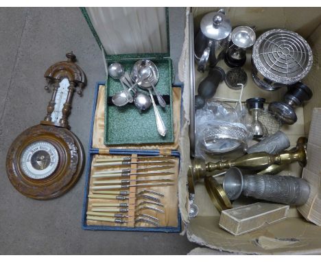A box of metalwares, barometer, pair of brass candlesticks, etc. **PLEASE NOTE THIS LOT IS NOT ELIGIBLE FOR POSTING AND PACKI