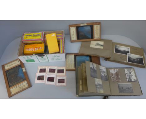 Five coloured magic lantern slides including The Rhine, Switzerland and Suez Canal, ten boxes Eastman slides/transparencies o